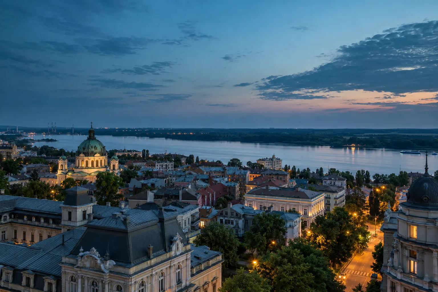 Roofs of Ruse at blue hour with the Danube in the distance