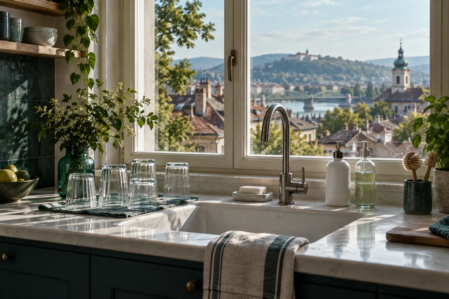A bright kitchen by a window with clean glasses drying on a cloth, plain soap and bottles of dish soap