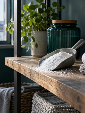 Laundry powder in a metal scoop next to folded towels
