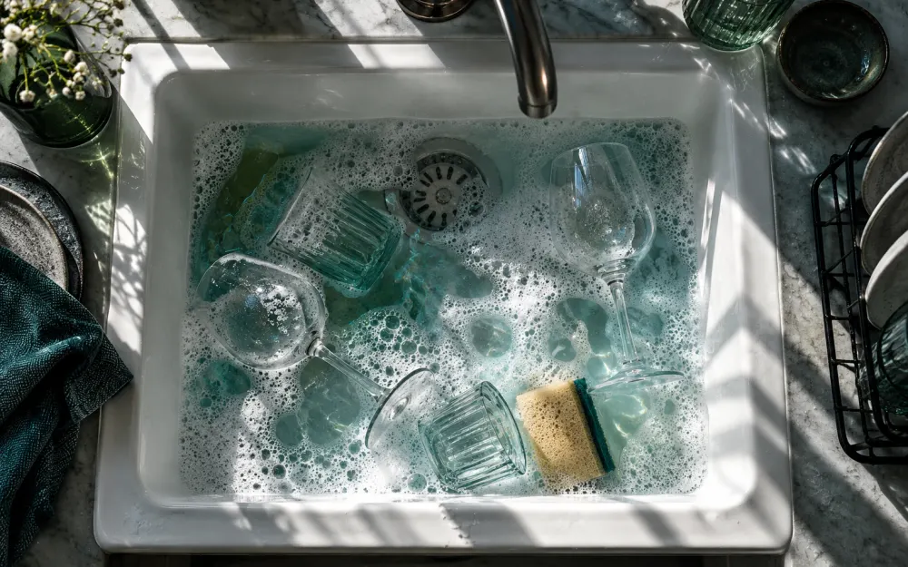 Clear glasses and tumblers in soapy water in a white sink, seen from above