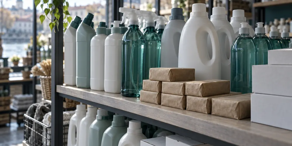A shop shelf with plain bottles of cleaning products, wrapped bars of soap and boxes of laundry powder
