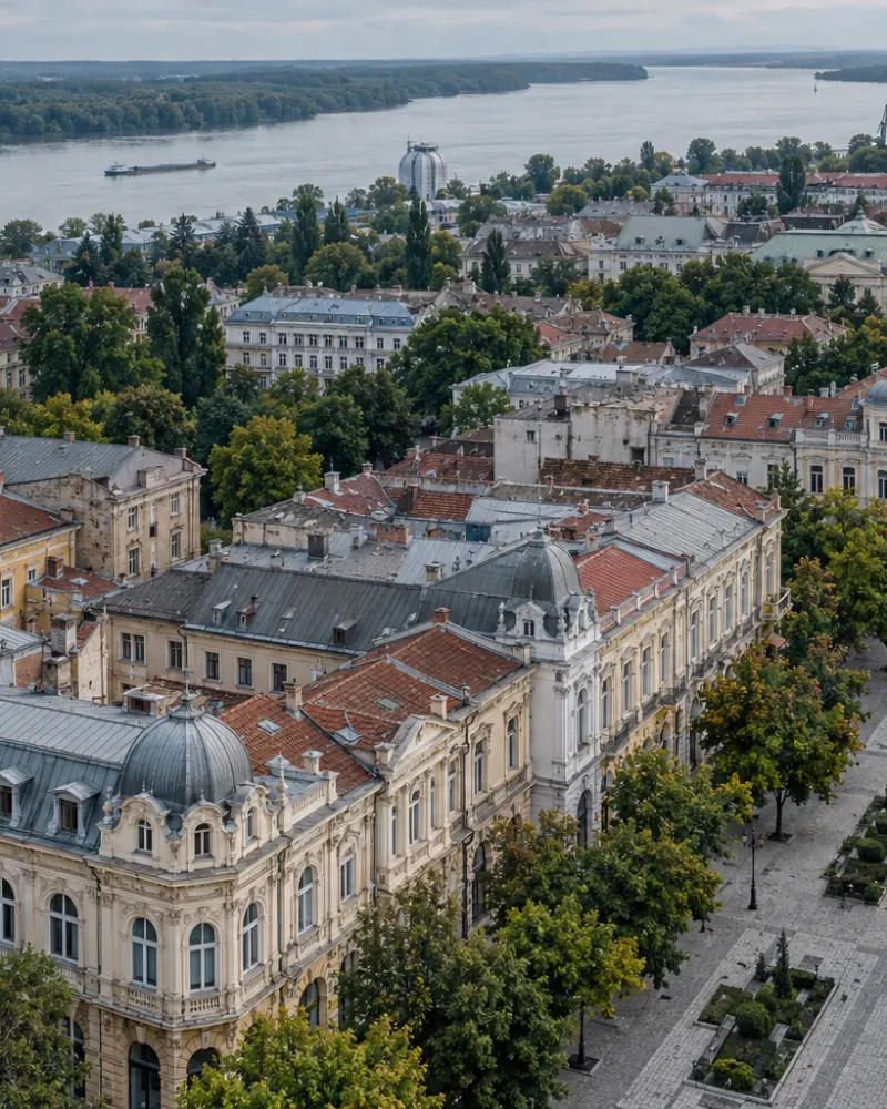 Tiled roofs and old facades of the centre of Ruse seen from above
