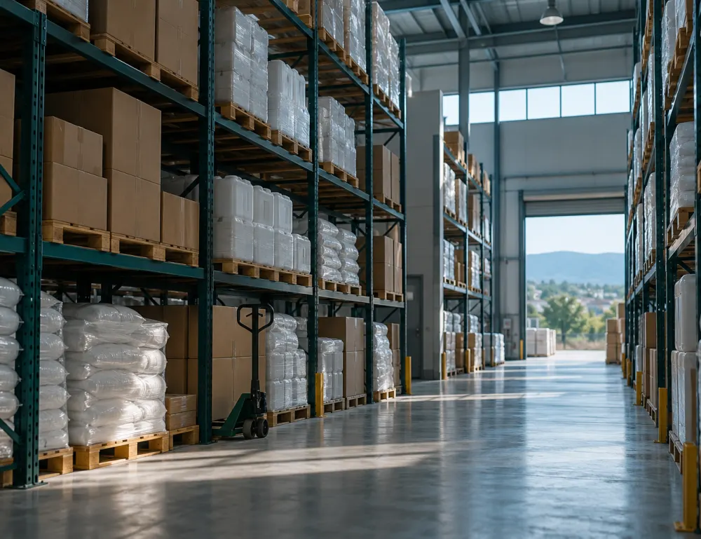 Pallet racks with plain cardboard boxes and wrapped pallets in a small warehouse